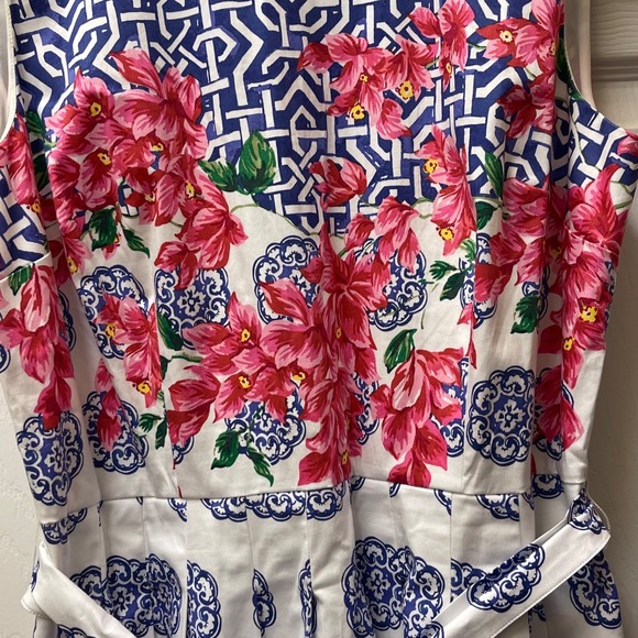 Talbots Women's Size 12P Floral Blue Grecian Tile Boatneck Fit and Flare Dress - Picture 3 of 13